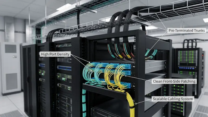 High-density data center fiber cabling using MPO/MTP cassettes and LC patch cords in a rack-mounted panel High-density data center fiber cabling using MPO/MTP cassettes and LC patch cords in a rack-mounted panel
