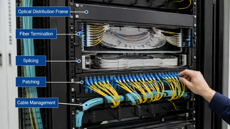 Optical distribution frame used for fiber termination, splicing, patching and cable management in a telecom room